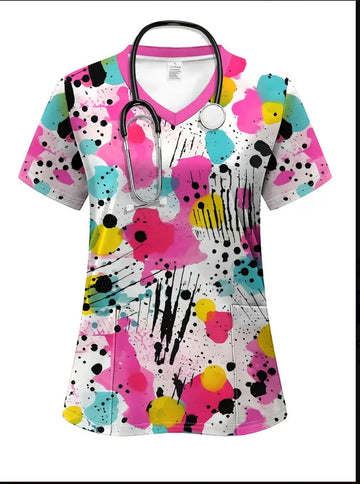 Cartoon Printed Scrub Top